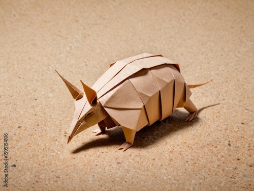  A delicate origami armadillo rests gracefully on a rocky desert surface