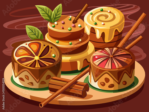vector of Spiced cakes with cinnamon stick and cake placed on a stick.