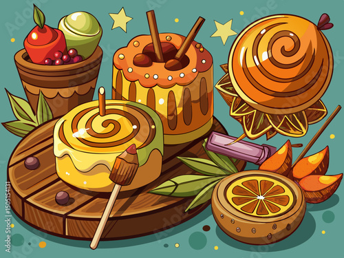 vector of Spiced cakes with cinnamon stick and cake placed on a stick.