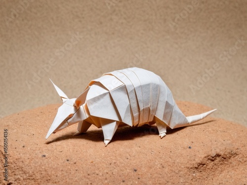  A delicate origami armadillo rests gracefully on a rocky desert surface