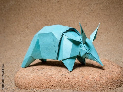  A delicate origami armadillo rests gracefully on a rocky desert surface