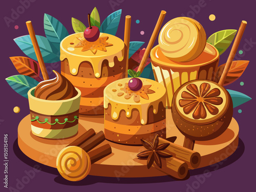 vector of Spiced cakes with cinnamon stick and cake placed on a stick.