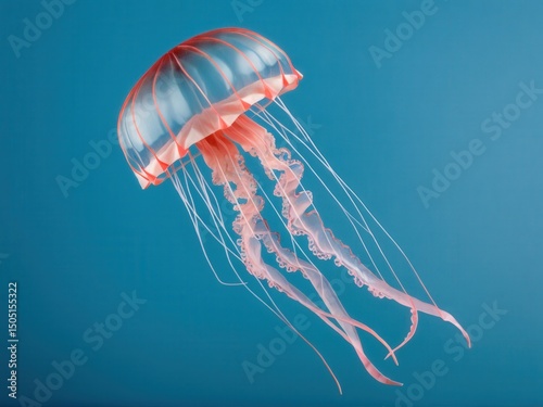  A delicate origami jellyfish gracefully suspended against a serene translucent blue backdrop