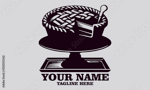 Vector illustration of a potato pie on a platter with a slice on a spatula. A sketch of traditional baking, potato pie logo design