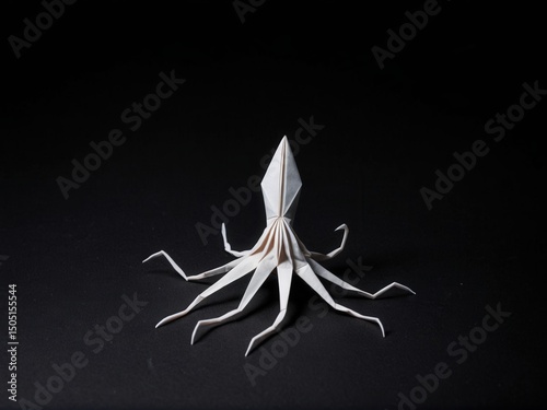  A solitary origami squid gracefully contrasts against a pitch-black abyss