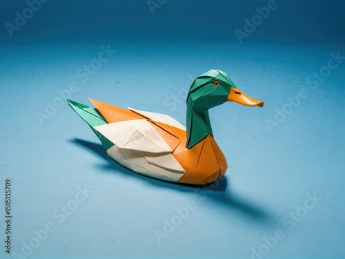  A delicate origami duck glides gracefully against a tranquil blue backdrop