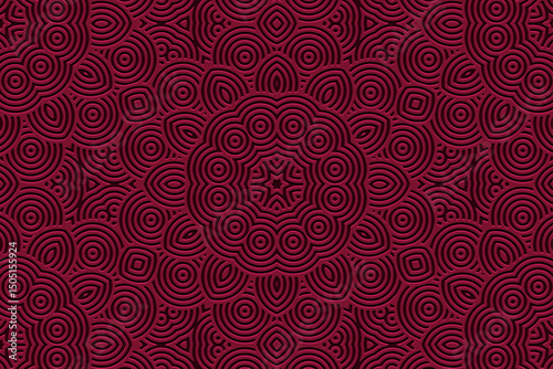 Ethnic satin burgundy background, cover design, banner, wallpaper. Geometric decorative 3D pattern. Embossed ornaments, arabesques, mandala of the East, Asia, India, Mexico, Aztec in handmade style.