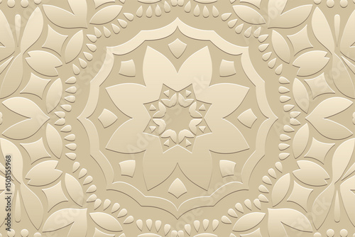 Ethnic satin beige background, cover design, banner, wallpaper. Geometric floral 3D pattern. Embossed ornaments, arabesques, mandala of the East, Asia, India, Mexico, Aztec, Peru in handmade style.