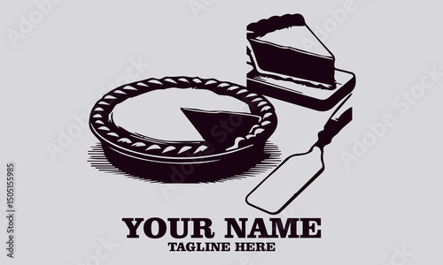 Vector illustration of a potato pie on a platter with a slice on a spatula. A sketch of traditional baking, potato pie logo design
