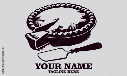Vector illustration of a potato pie on a platter with a slice on a spatula. A sketch of traditional baking, potato pie logo design