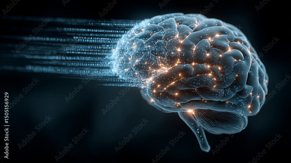 Obraz premium Futuristic AI brain model made of glowing light surrounded by data streams, binary code and neuron network on blue gradient background