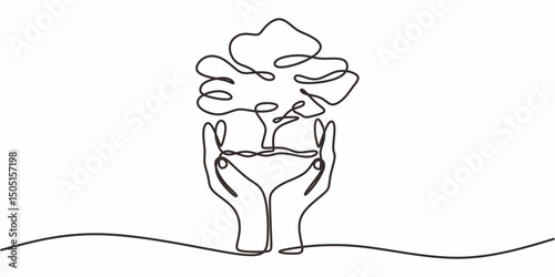 Two hands holding plant one line. Save planet vector. Sustainability art. Eco care.