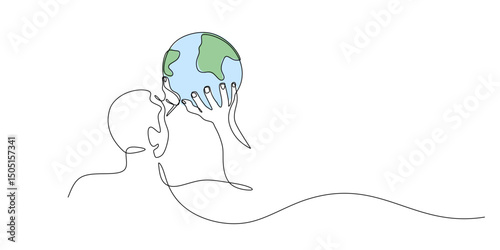Man lifting earth continuous line. Global responsibility vector. Save planet art. Ecology hero.