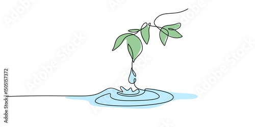 Green plant water drops continuous line. Nature hydration vector. Freshness symbol. Eco art.
