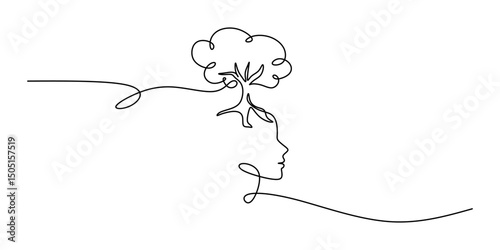 Head with plants continuous line. Mental growth vector. Nature connection. Eco mind.