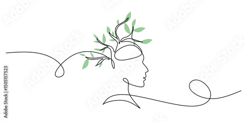 Human head growing plants one line. Environmental awareness vector. Mindful ecology.
