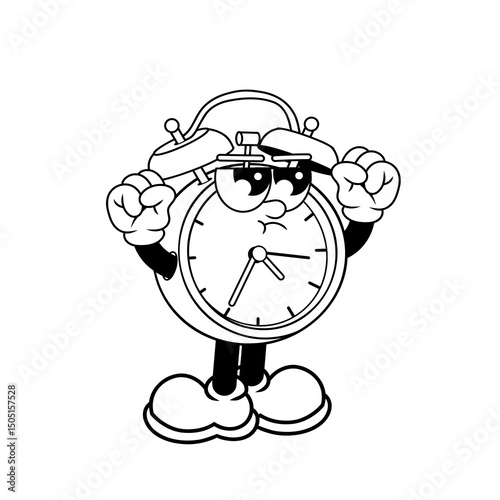 Retro character design of angry alarm clock outline