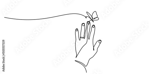 Butterfly over finger continuous line. Nature connection vector. Delicate freedom. Insect art.