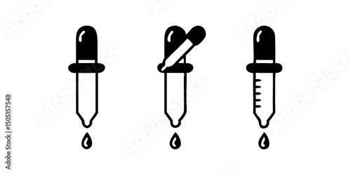 Dropper blak icon. Set of pipette icons. Laboratory analysis sign. Vector illustration.Dropper Bottle Icon with Droplet