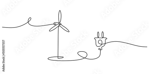 Windmill electric plug continuous line. Renewable energy vector. Green power. Eco art.
