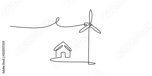 Windmill house continuous line. Green energy vector. Home power. Sustainable living.