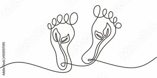 Plant on foot sole one line. Earth connection vector. Environmental steps. Eco art.