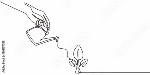 Hands watering plant one line. Environmental nurturing vector. Green care. Eco art.