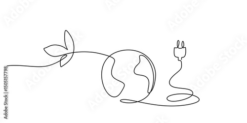 Plant earth electric plug continuous line. Green energy vector. Global power. Eco art.