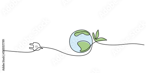 Eco energy plant earth plug one line. Global renewable vector. Sustainable future.