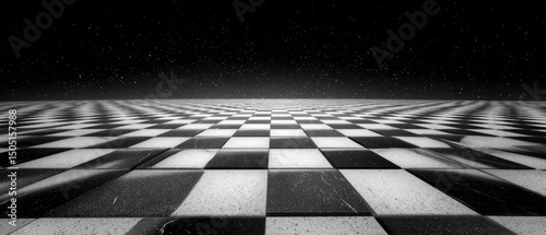 Black and white chessboard pattern, 3D rendering, vector illustration style, simple background with large areas of space for text or logo. 
