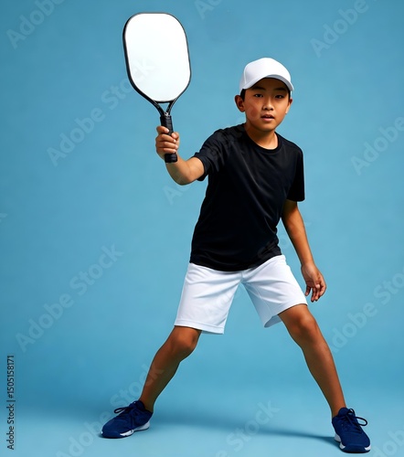 A young boy in a black t-shirt, black shorts over black leggings, white socks, and blue and white sneakers, wearing a white baseball cap, holds a black and white pickleball paddle