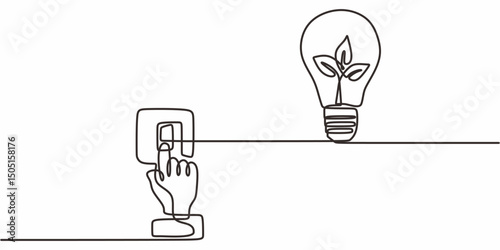 Green energy switch plant one line. Sustainable power vector. Eco lightbulb.