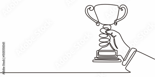 Hand holding trophy continuous line. Achievement success vector. Award. Winner.