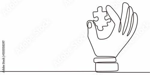 Hand holding puzzle piece continuous line. Solution problem vector. Teamwork.