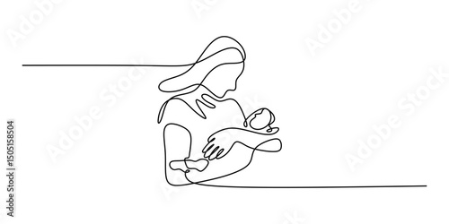 Mother carrying child continuous line. Family love vector. Parenting bond. Maternal.
