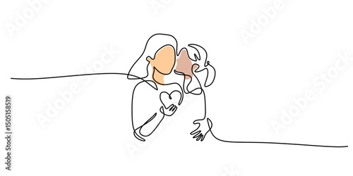 Mother hugging child continuous line. Family love vector. Parenting bond. Maternal.