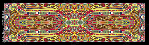 Traditional Black Dupatta with Multicolor Accents – Seamless Digital Textile Print Featuring Lace, Floral and Ethnic Motifs