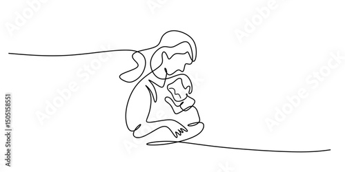 Mother and kid carry one line. Family love vector. Parenting bond. Maternal.