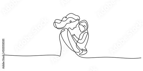 Mother and child hug one line. Family love vector. Parenting bond. Maternal.