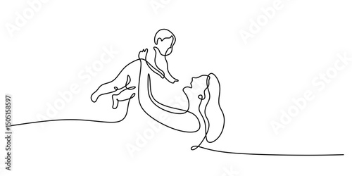 Mother lifting child continuous line. Family joy vector. Parenting happiness. Maternal.
