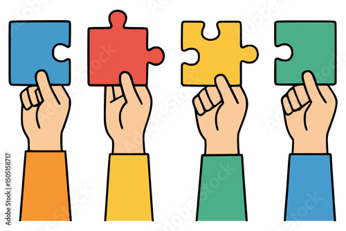 four hand holding puzzle teamwork problem solution support flat color vector illustration template design