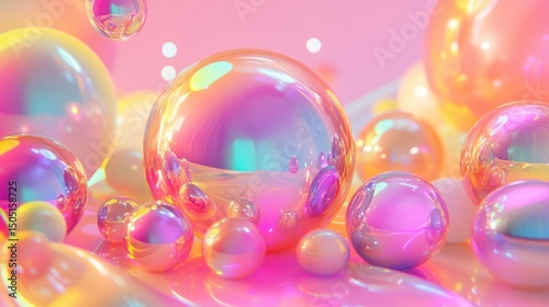 Shiny bubbles of various sizes float against a soft pink backdrop, creating a whimsical atmosphere filled with vibrant reflections