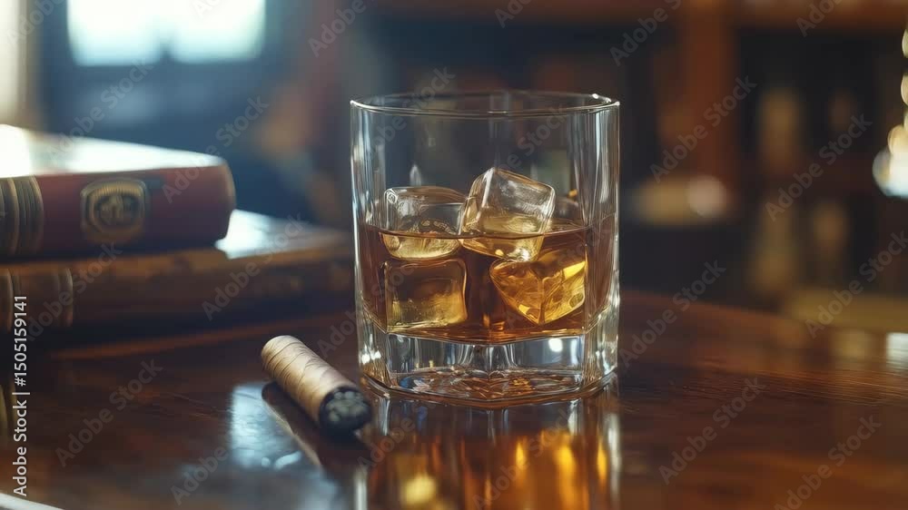 a glass of whiskey with ice cubes and a cigar on a table 