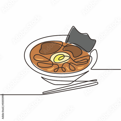 Ramen soup with chopsticks one line. Asian food vector. Noodle dish.