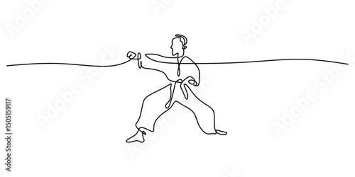 Martial arts continuous line. Fighting sport vector. Self-defense art.
