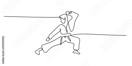 Person practicing combat one line. Outdoor training vector. Fitness concept.