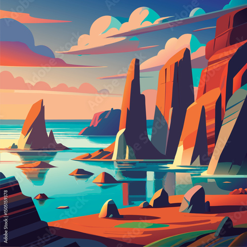 Colorful coastal landscape at sunset.