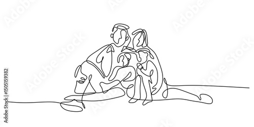 Relaxing family continuous line. Father mother child vector. Leisure time art.