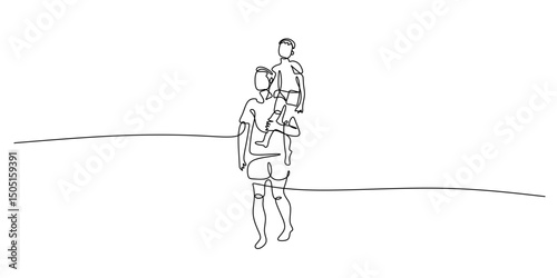 Parent carrying child continuous line. Fatherhood vector. Love and care art.