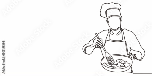Chef cooking continuous line. Kitchen vector. Food preparation art.